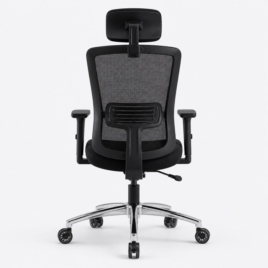 The dual-frame mesh back of the Maktune Flex, seen from behind